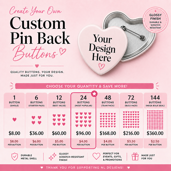 Custom 2.25" Heart-Shaped Pin Back Buttons