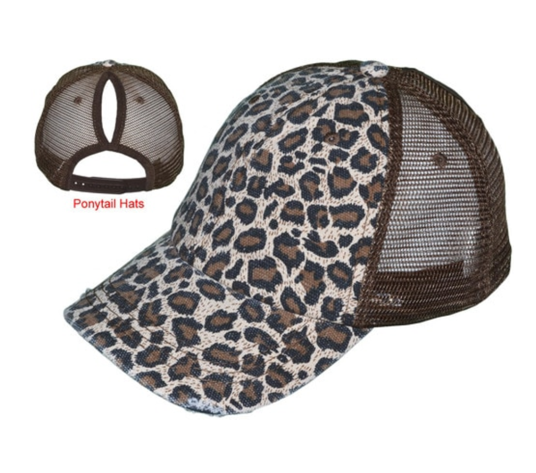 Brown Leopard Ponytail Trucker Hat