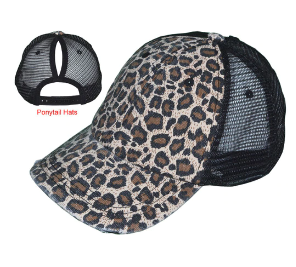 Brown Leopard with Black Mesh Ponytail Trucker Hat